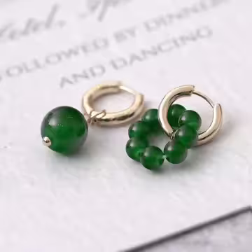 古典綠晶串珠×不對稱吊墜耳扣