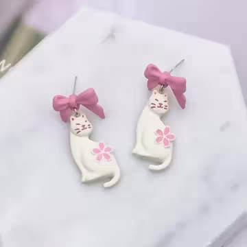 甜美粉櫻小白貓×吊墜耳環
