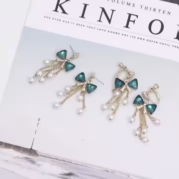 藍晶領結珍珠流蘇簾×吊墜耳環