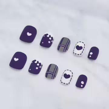 紫心牛奶灰格紋霧面×穿戴式手指甲片×二十四入