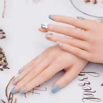 煙藍珍珠領結雲朵亮面×穿戴式手指甲片×二十四入