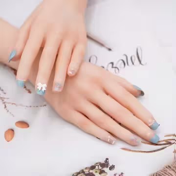 煙藍珍珠領結雲朵亮面×穿戴式手指甲片×二十四入