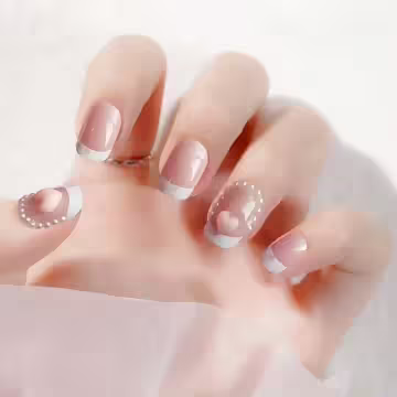 珍珠圍繞愛心粉色亮面×穿戴式手指甲片×二十四入