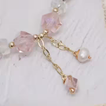 甜粉燦金垂墜珍珠×固定式串珠手鍊