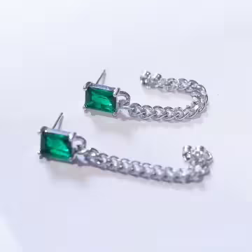 方型綠鑽鍊條×後掛式吊墜耳環