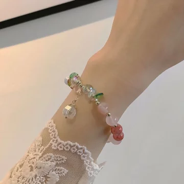 紅莓粉晶綠葉×固定式串珠手鍊.avif