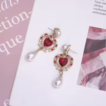 紅心華麗水滴珍珠×吊墜耳環