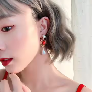 紅心華麗水滴珍珠×吊墜耳環