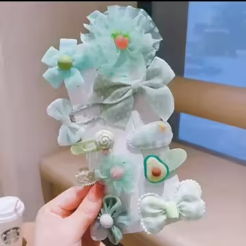 酪梨櫻桃蕾絲蝴蝶結×十套件髮夾組×淺綠
