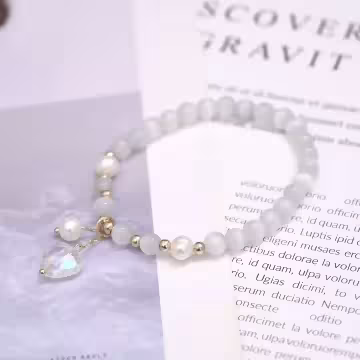 白色貓眼石珍珠愛心&times;固定式串珠手鍊