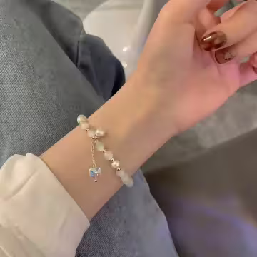 白色貓眼石珍珠愛心&times;固定式串珠手鍊