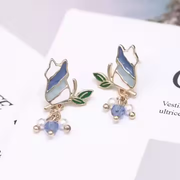 藍白漸層枝葉小貓咪×吊墜耳環