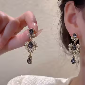 鐵灰晶鑽巴洛克珍珠×吊墜耳環