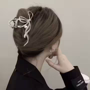 銀色領結珍珠×鯊魚夾