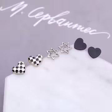 黑白格子愛心星星×三套件耳環組