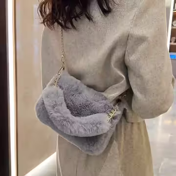 手提小巧毛絨絨×鍊條斜背包×深灰