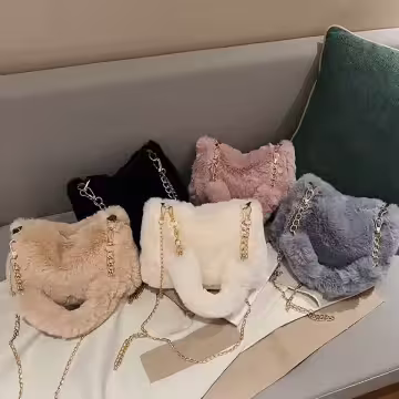 手提小巧毛絨絨×鍊條斜背包×卡其