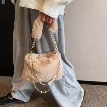 手提小巧毛絨絨×鍊條斜背包×卡其