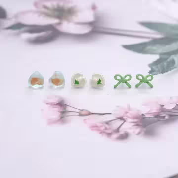 蝴蝶結小花愛心×三套件耳環組×綠色