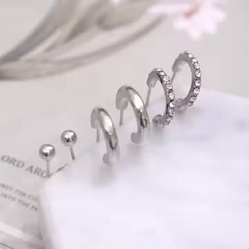 銀色C字圓珠×三套件耳環組