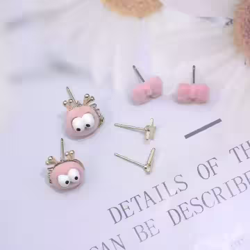 絨毛呆萌小怪獸×三套件耳環組×粉紅