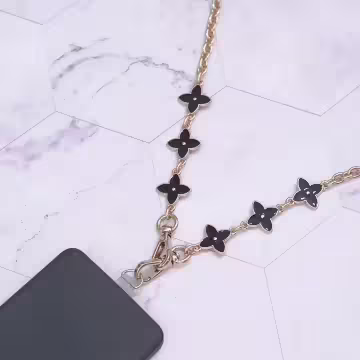 黑白精品老花×手機斜背雙勾掛繩×黑色