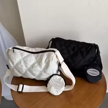 菱格紋枕頭包(附零錢包)×斜背包×白色