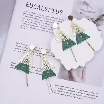 撞色鏤空雙層三角型×吊墜耳環 