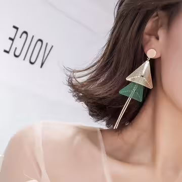 撞色鏤空雙層三角型×吊墜耳環 