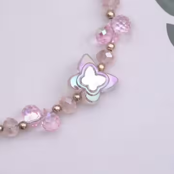 彩蝶水晶串珠×手機腕帶掛繩×粉紅