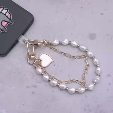 白色愛心雙層鍊條×手機腕帶掛繩