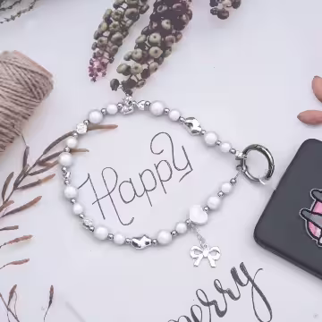 銀色蝴蝶結珍珠小花×手機腕帶掛繩