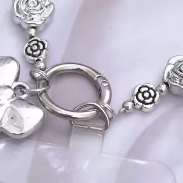 銀色玫瑰花蝴蝶結×手機腕帶掛繩