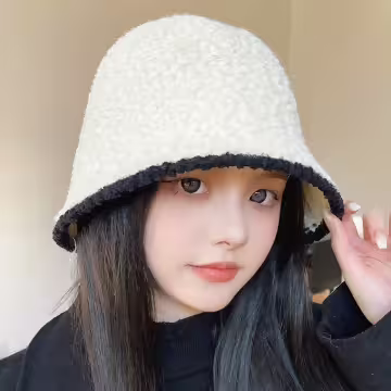 淑女毛絨漁夫帽×毛帽×米白黑邊