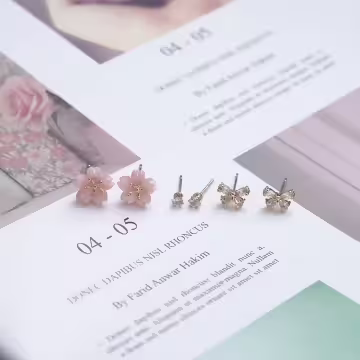 粉晶花朵領結晶鑽×三套件耳環組