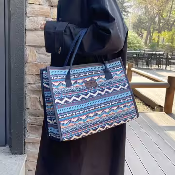 民族風線條圖騰印花×手提袋×藍色