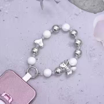 銀色蝴蝶結愛心白珠&times;手機腕帶掛繩