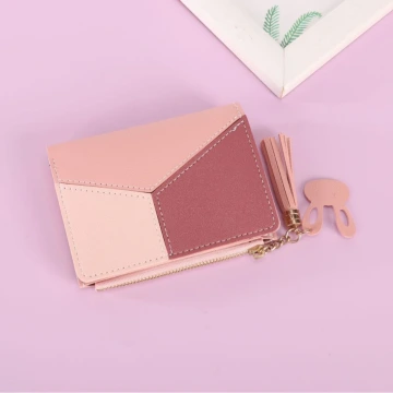 撞色拼接皮革×對折拉鍊短皮夾×粉紅.avif