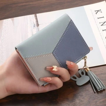 撞色拼接皮革×對折拉鍊短皮夾×藍色.avif