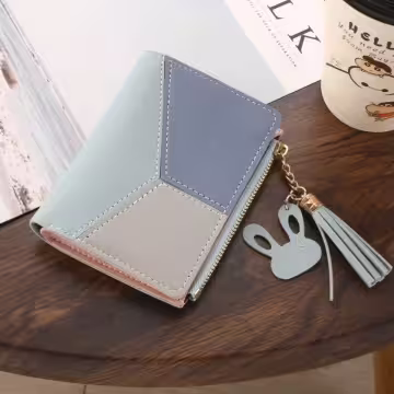 撞色拼接皮革×對折拉鍊短皮夾×藍色