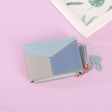 撞色拼接皮革×對折拉鍊短皮夾×藍色.avif