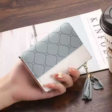 菱紋壓線×對折拉鍊短皮夾×藍色