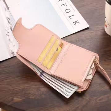 簡約皮革×翻頁三層短皮夾×黑色