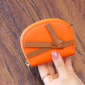 禮物綁帶荔枝紋皮革×風琴卡夾×橘色