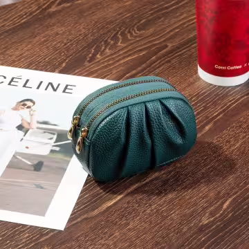 單色荔枝紋抓皺×雙層拉鍊零錢包×綠色