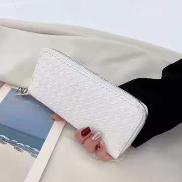 大編紋格紋×拉鍊長皮夾×白色