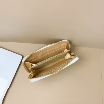 大編紋格紋×拉鍊長皮夾×白色