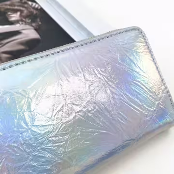 爆裂紋亮面×手拿拉鍊長皮夾×銀色