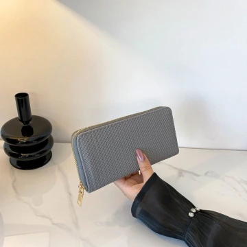 細編交織紋×拉鍊長皮夾×灰色.avif