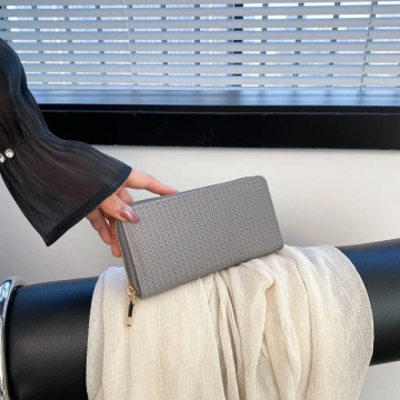 細編交織紋×拉鍊長皮夾×灰色.avif